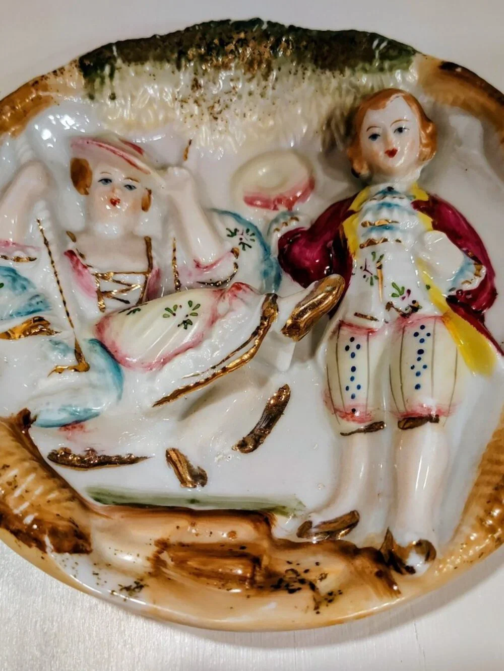 Vintage BETSON Regency Wall Plaque Bisque Courting Couple on a Swing Japan EUC